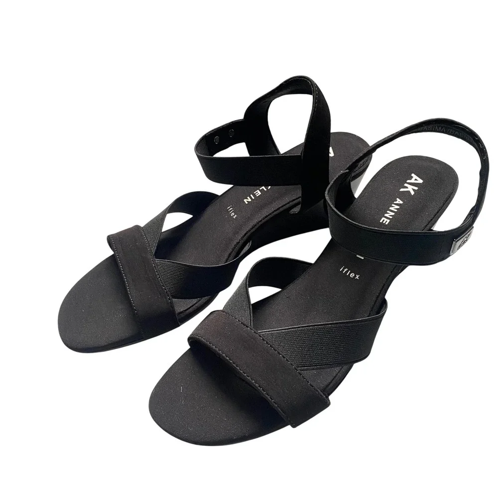 Anne Klein iFlex Black Wedge Sandals Womens 10M AKBASIMA Elastic Straps NWOB‎